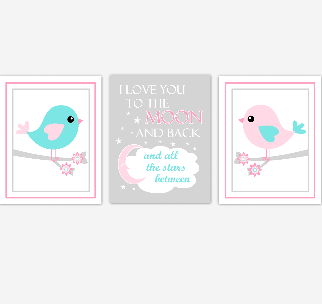 Birds Baby Girl Nursery Wall Art Pink Teal Aqua Baby Nursery Decor Prints Home Decor 01871
