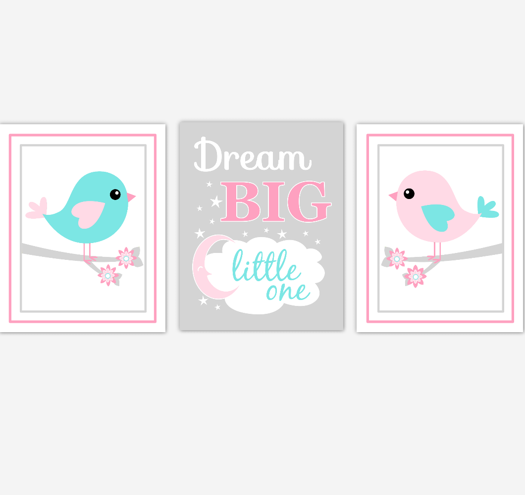 Birds Baby Girl Nursery Wall Art Pink Teal Aqua Baby Nursery Decor Prints Home Decor Dream Big Little One 01872