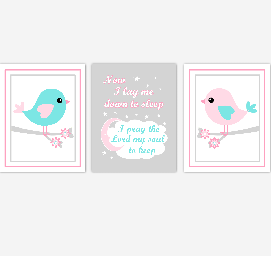 Birds Baby Girl Nursery Wall Art Pink Teal Aqua Baby Nursery Decor Prints Home Decor Now I Lay Me Down To Sleep 01873