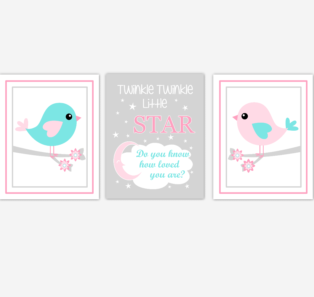 Birds Baby Girl Nursery Wall Art Pink Teal Aqua Baby Nursery Decor Prints Home Decor Twinkle Twinkle Little Star 01875