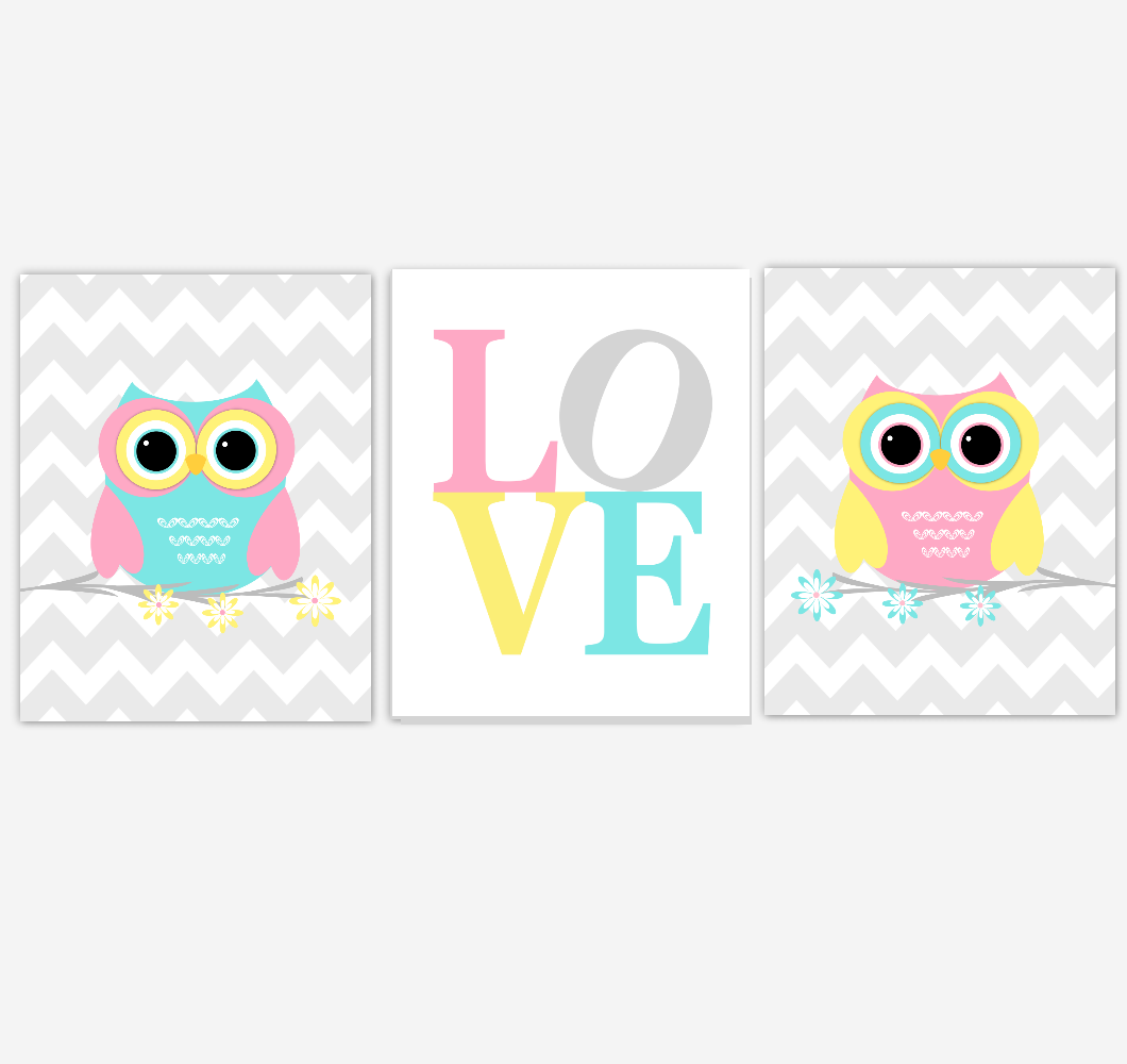 Owls Baby Girl Nursery Wall Art Pink Yellow Teal Aqua Gray Birds Baby Nursery Decor Prints LOVE 01881