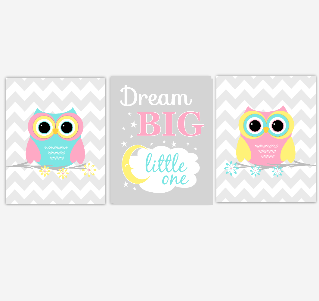 Owls Baby Girl Nursery Wall Art Pink Yellow Teal Aqua Gray Birds Baby Nursery Decor Prints Dream Big Little One 01882