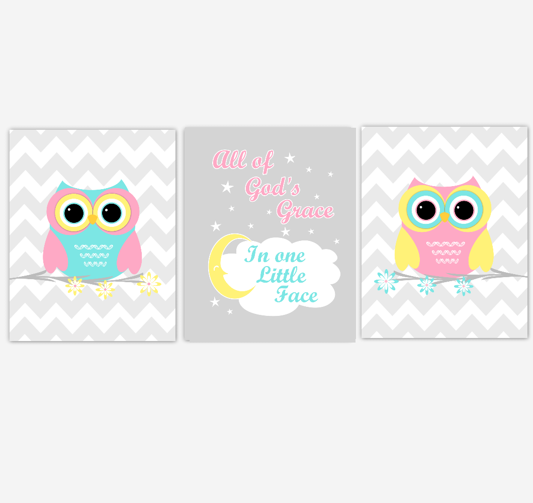 Owls Baby Girl Nursery Wall Art Pink Yellow Teal Aqua Gray Birds Baby Nursery Decor Prints All Of Gods Grace 01883