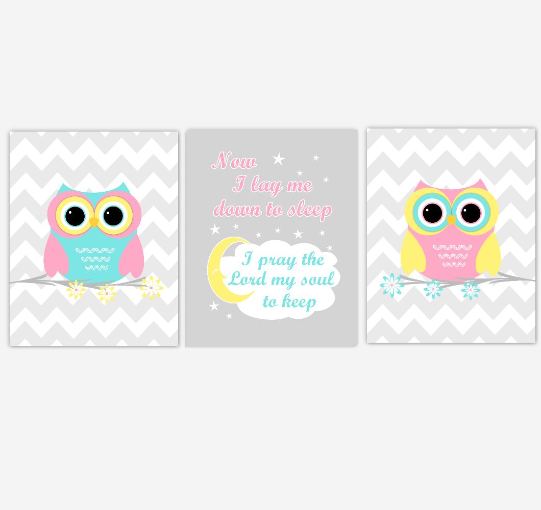 Owls Baby Girl Nursery Wall Art Pink Yellow Teal Aqua Gray Birds Baby Nursery Decor Prints Now I Lay Me Down To Sleep 01884