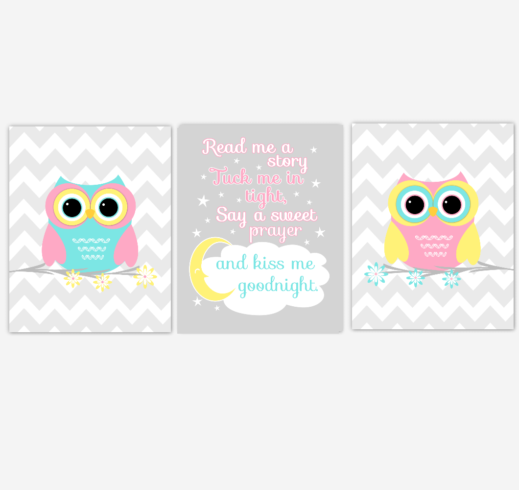 Owls Baby Girl Nursery Wall Art Pink Yellow Teal Aqua Gray Birds Baby Nursery Decor Prints Read Me A Story 01885
