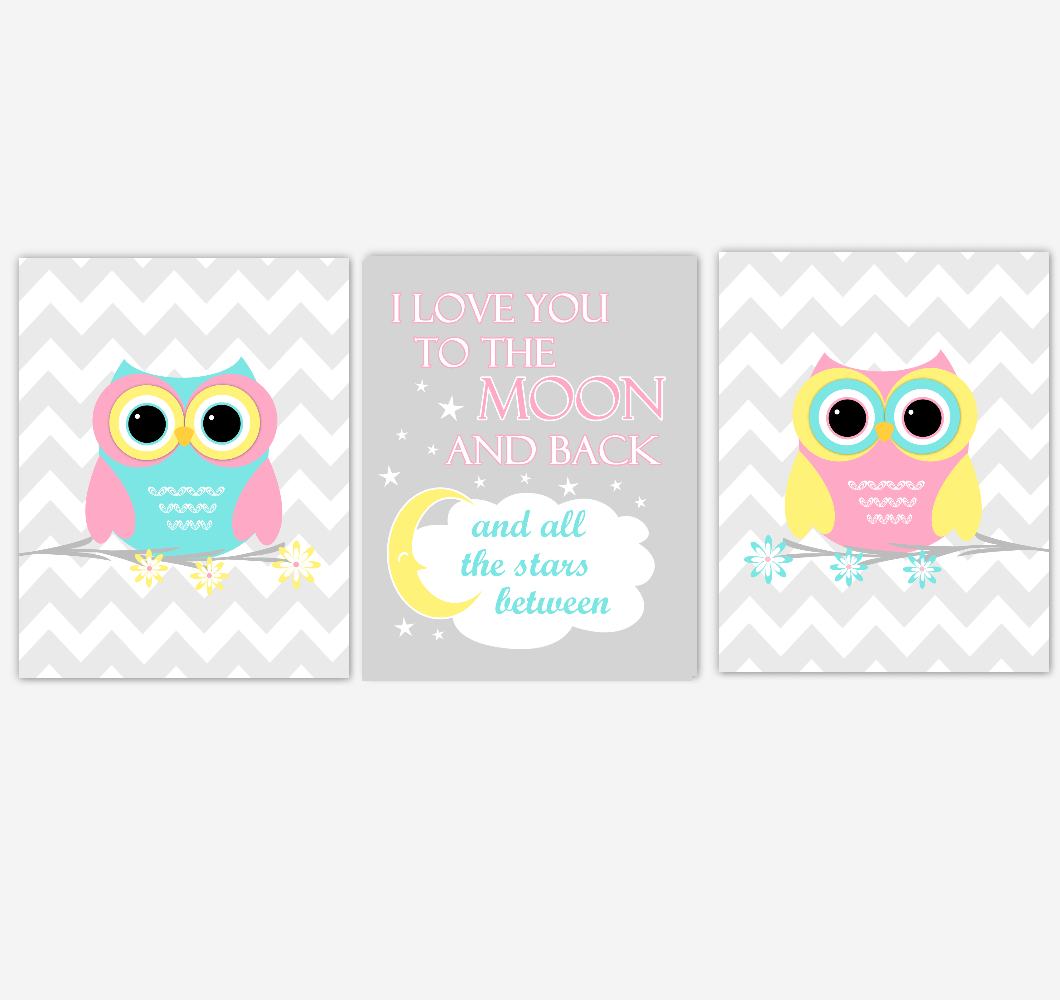 Owls Baby Girl Nursery Wall Art Pink Yellow Teal Aqua Gray Birds Baby Nursery Decor Prints I Love You To The Moon And Back 01886