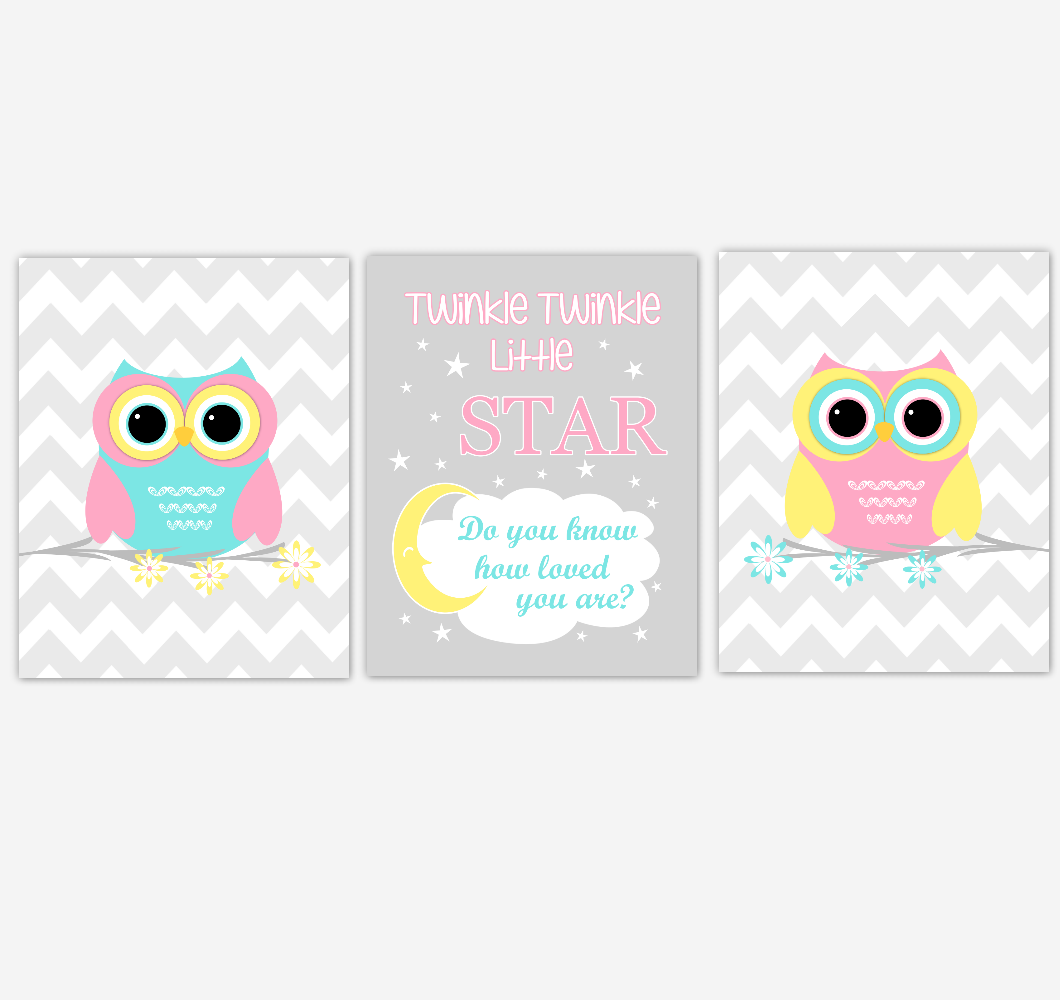 Owls Baby Girl Nursery Wall Art Pink Yellow Teal Aqua Gray Birds Baby Nursery Decor Prints Twinkle Twinkle Little Star 01887