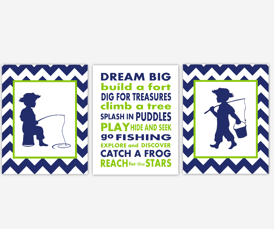 Boy Fishing Nursery Art Navy Blue Lime Green Dream Big Little One