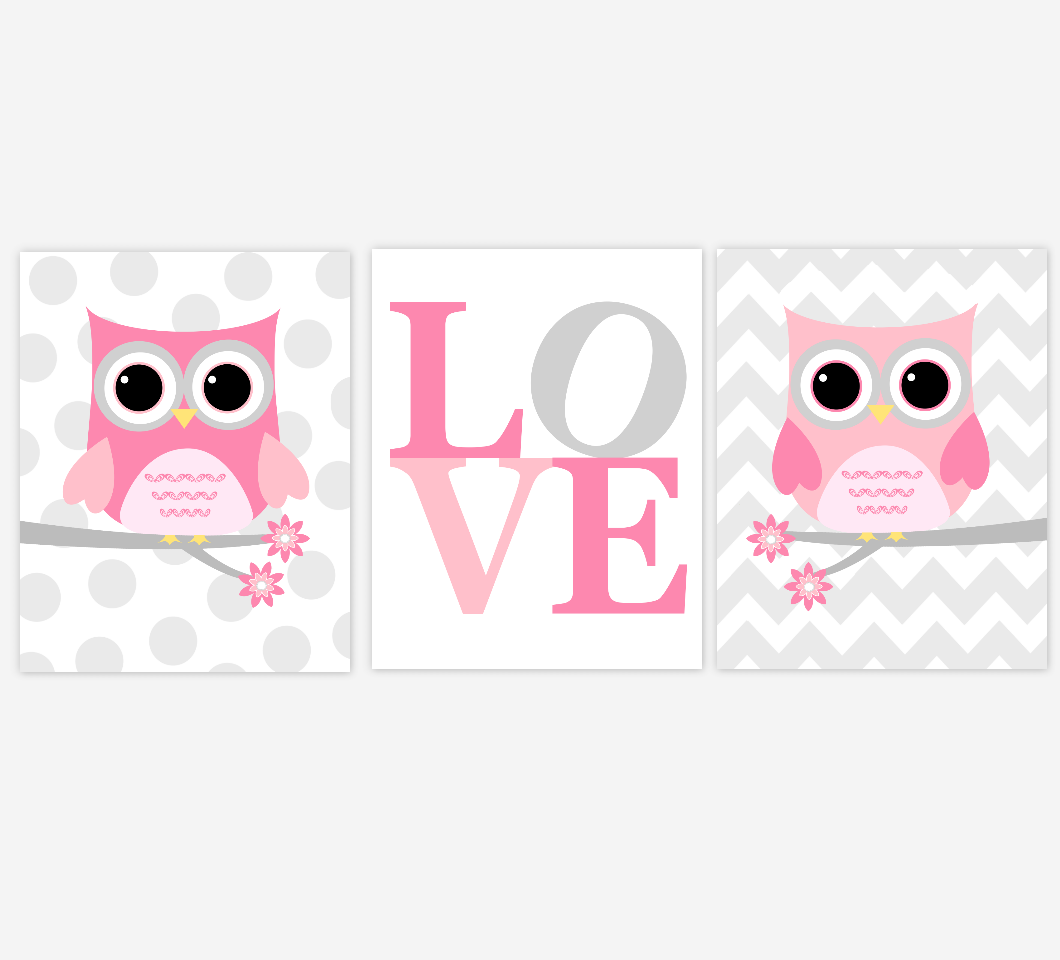 Pink Gray Baby Girl Nursery Wall Art Owls Owl Love Pink Grey Baby