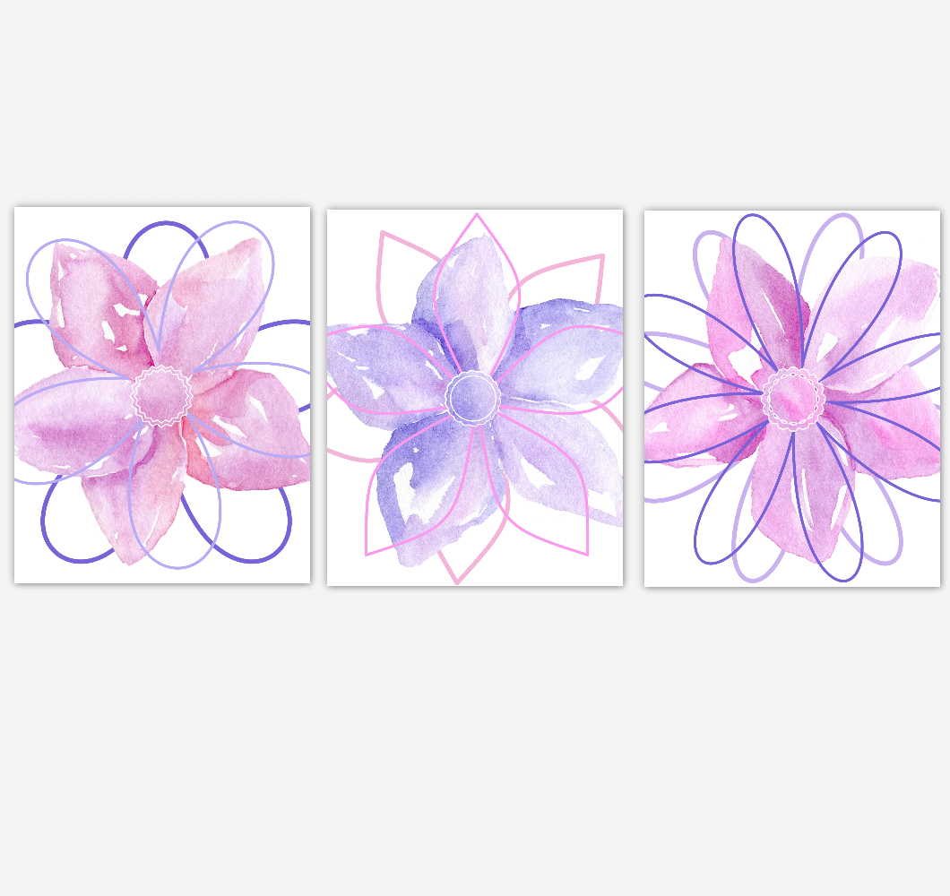 Watercolor Flower Wall Art Baby Girl Nursery Purple Pink Floral Wall Art Prints Home Decor SET OF 3 UNFRAMED PRINTS 01888