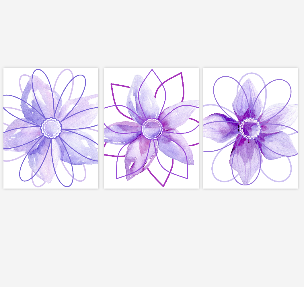 Watercolor Flower Wall Art Baby Girl Nursery Purple Shades Floral Wall Art Prints Home Decor SET OF 3 UNFRAMED PRINTS 01890