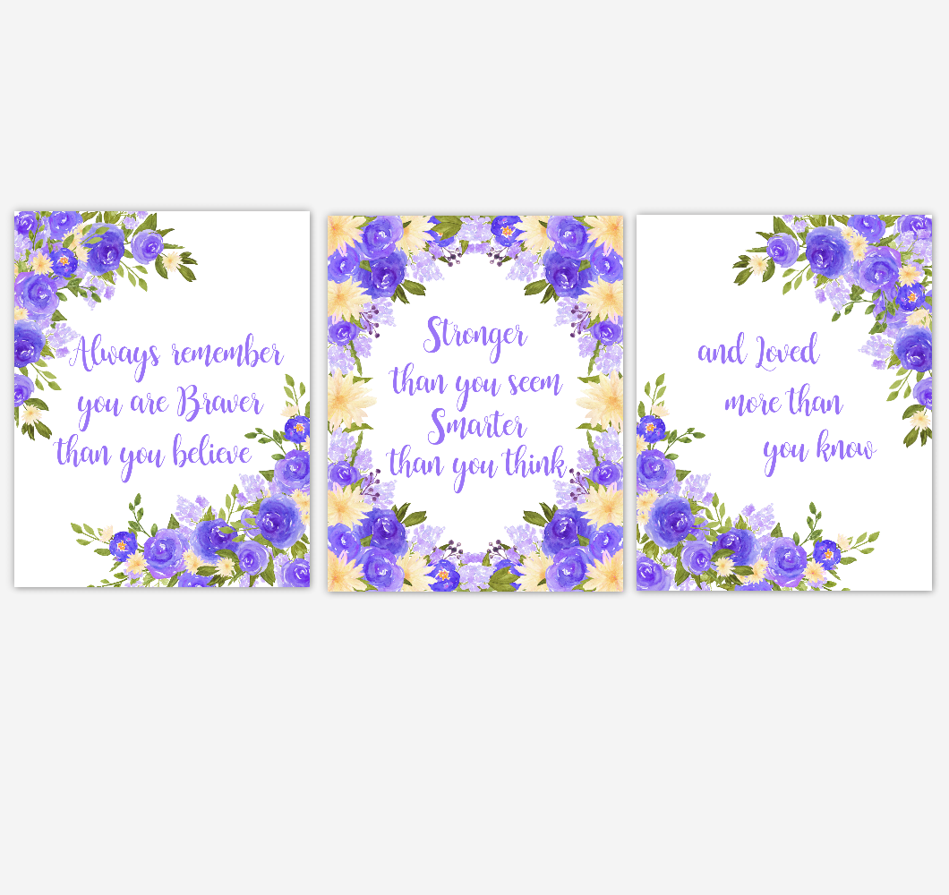 Watercolor Flower Wall Art Baby Girl Nursery Purple Yellow Floral Wall Art Prints Home Decor SET OF 3 UNFRAMED PRINTS 01895