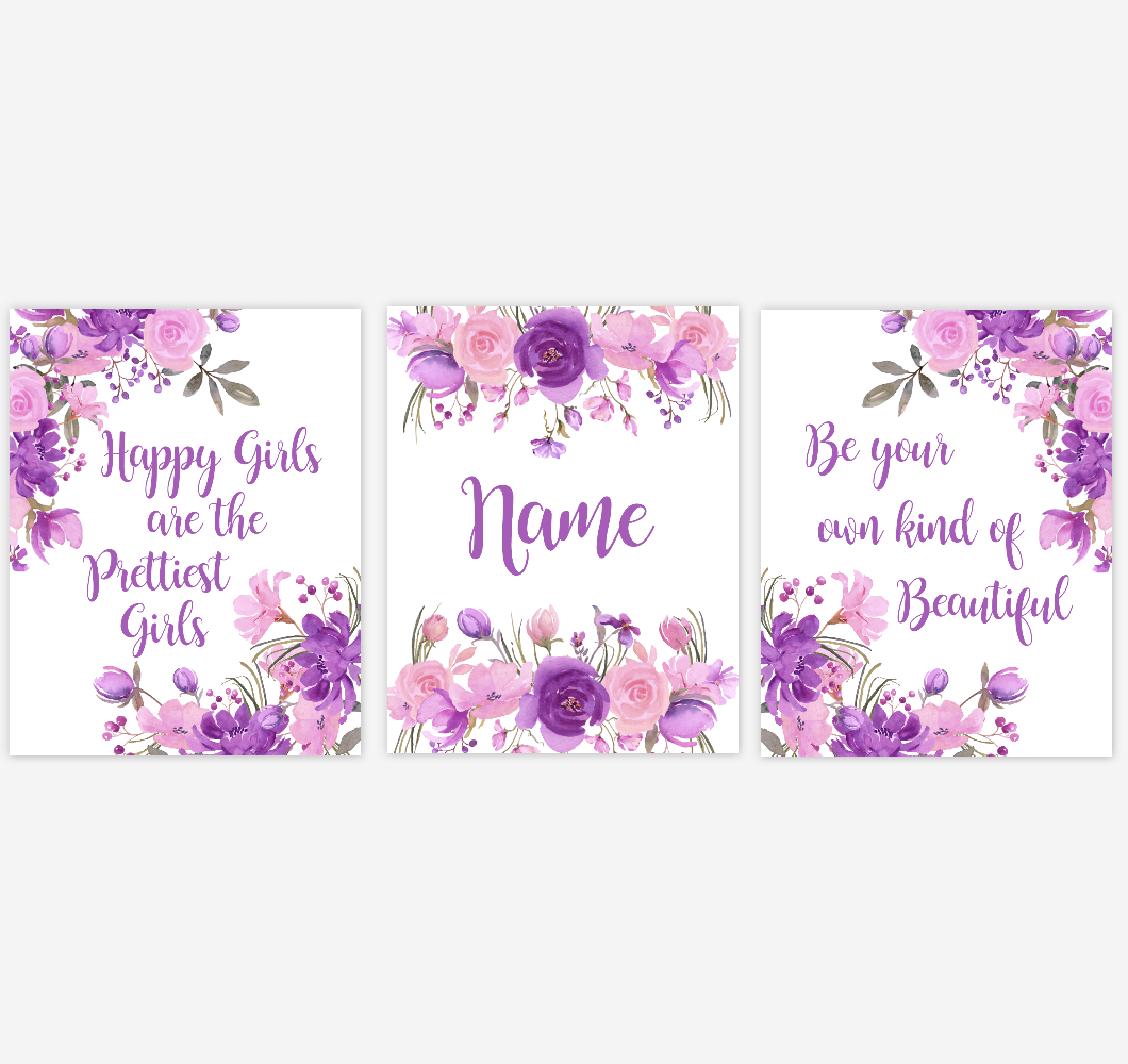 Watercolor Flower Baby Girl Nursery Wall Art Purple Pink Floral Bedroom Art Prints Baby Nursery Decor SET OF 3 UNFRAMED PRINTS 01897