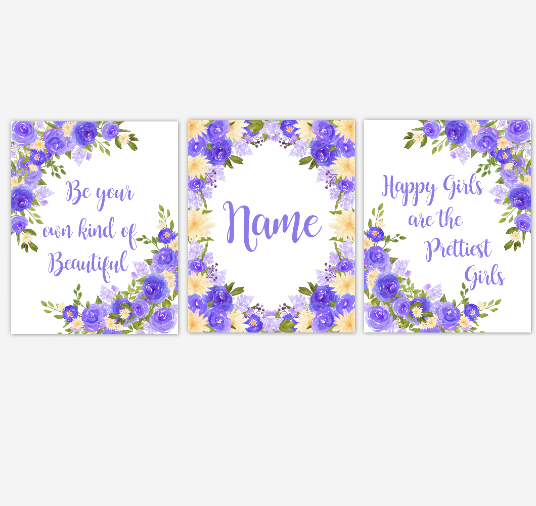 Watercolor Flower Wall Art Purple Yellow Floral Girl Bedroom Art Prints Baby Nursery Decor SET OF 3 UNFRAMED PRINTS 01898
