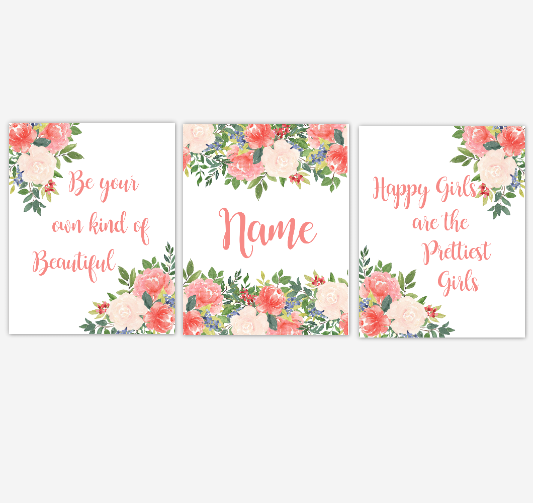 Watercolor Flower Wall Art Coral Floral Girl Bedroom Art Prints Baby Nursery Decor SET OF 3 UNFRAMED PRINTS 01899