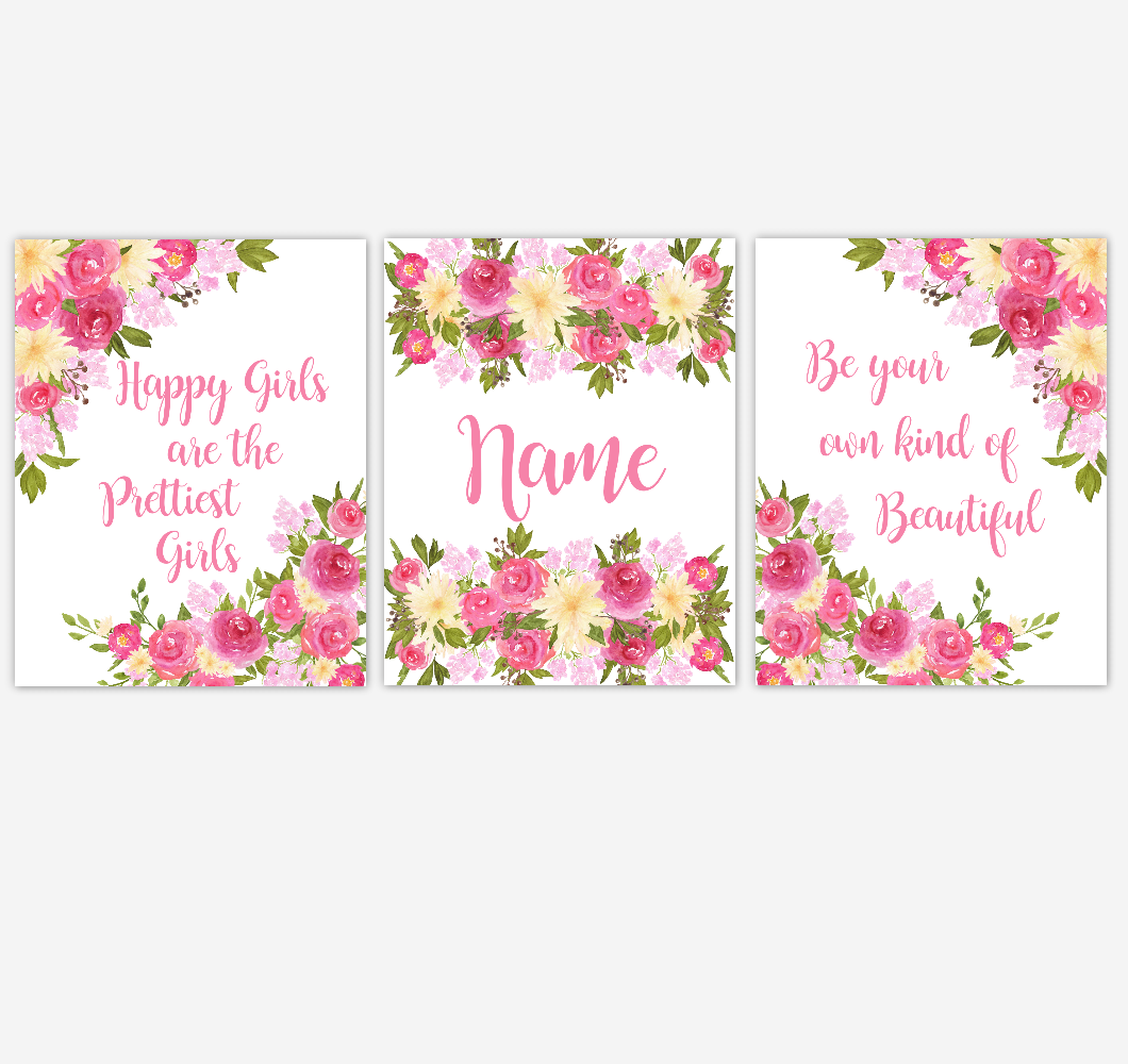 Watercolor Flower Wall Art Pink Yellow Floral Girl Bedroom Art Prints Baby Nursery Decor SET OF 3 UNFRAMED PRINTS 01900