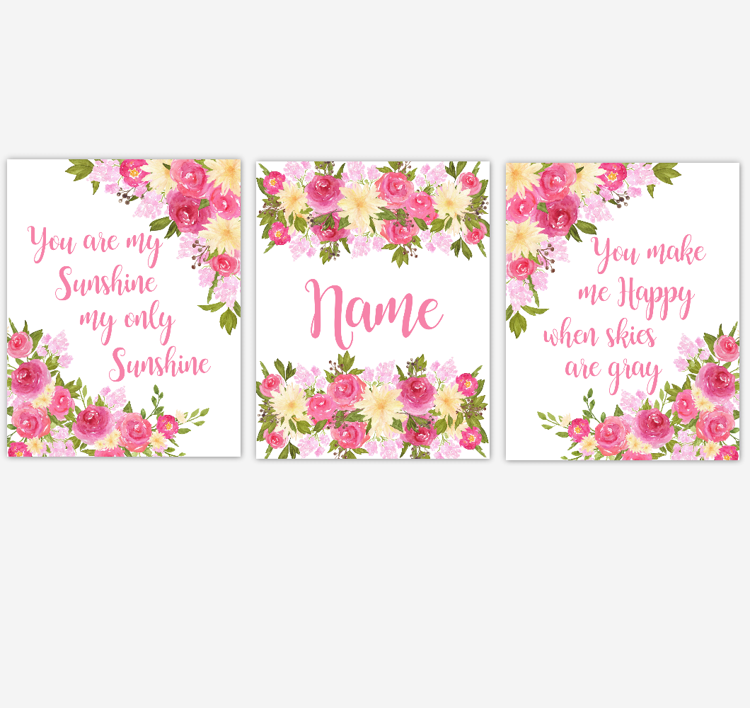 Floral Watercolor Flower Wall Art Pink Yellow Floral Girl Bedroom Art Prints Baby Nursery Decor SET OF 3 UNFRAMED PRINTS 01903