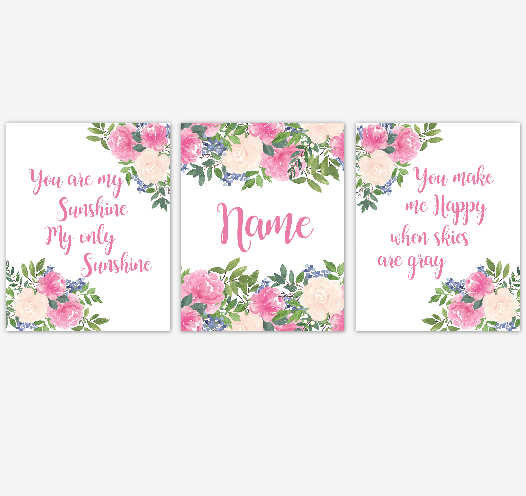 Watercolor Flower Wall Art Pink Floral Girl Bedroom Art Prints Baby Nursery Decor SET OF 3 UNFRAMED PRINTS 01904