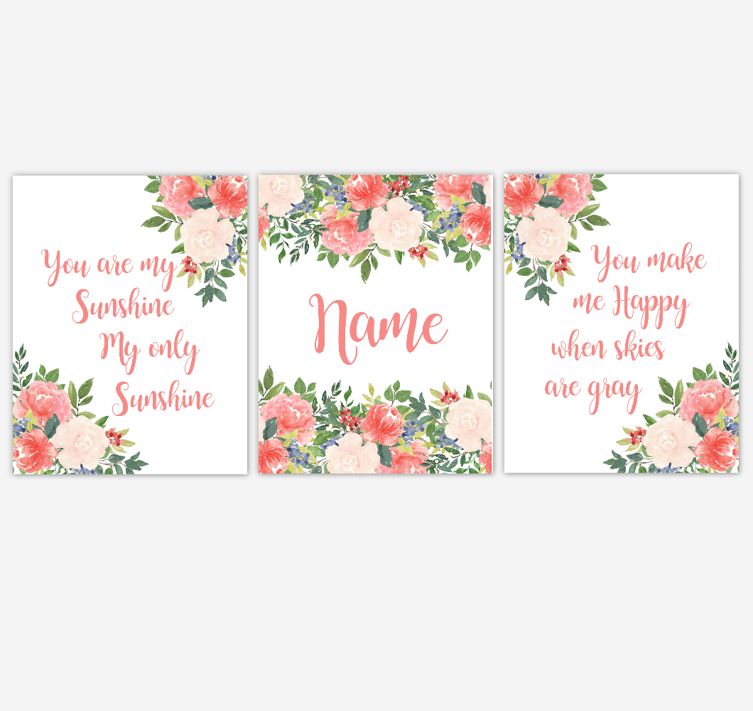 Watercolor Flower Wall Art Coral Floral Girl Bedroom Art Prints Baby Nursery Decor SET OF 3 UNFRAMED PRINTS 01905