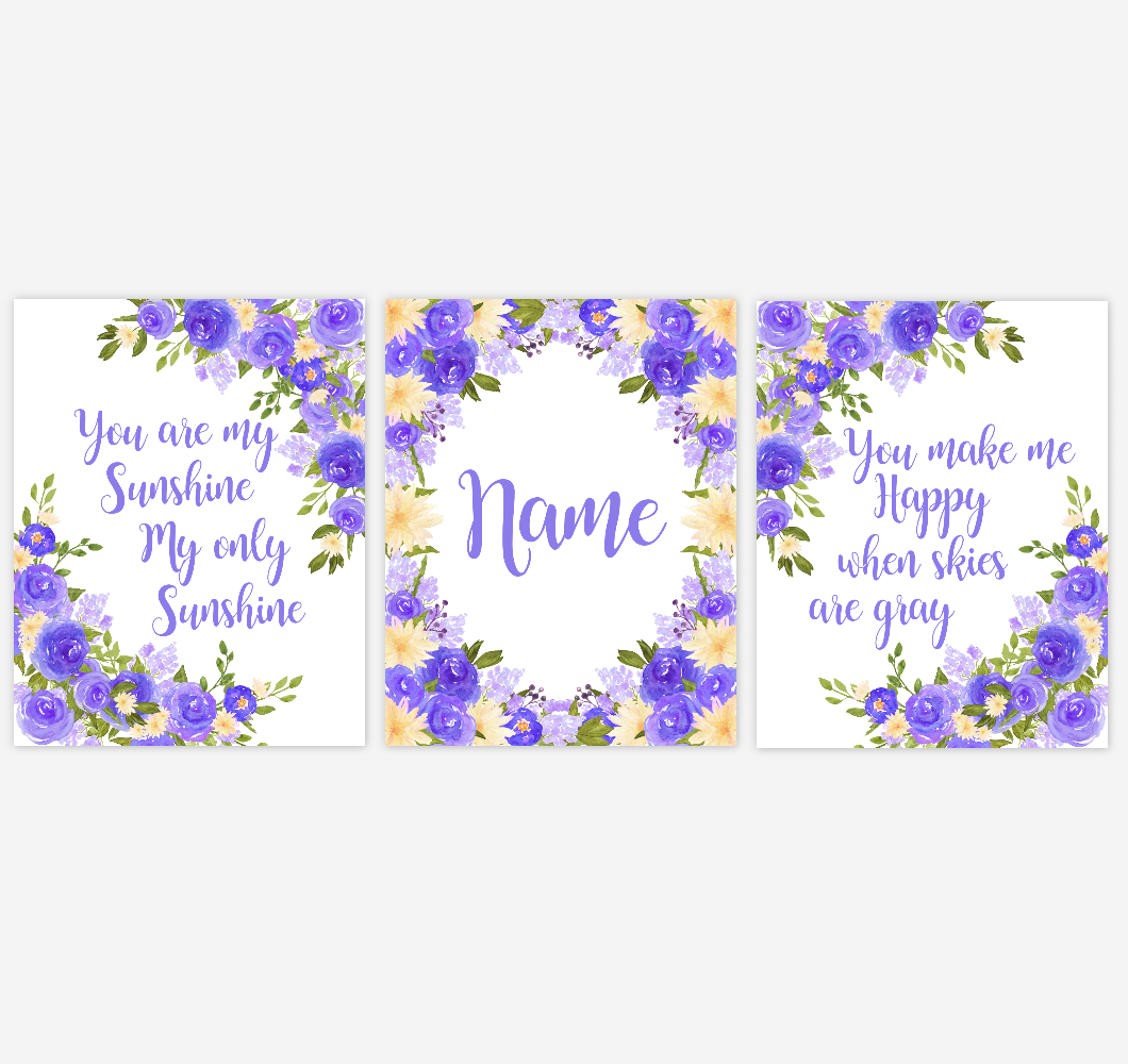 Watercolor Flower Wall Art Purple Yellow Floral Girl Bedroom Art Prints Baby Nursery Decor SET OF 3 UNFRAMED PRINTS 01906