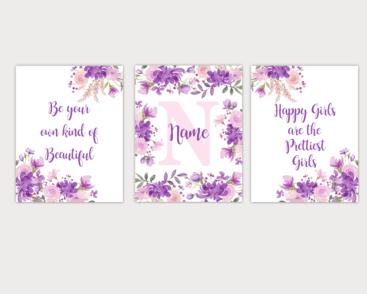 Watercolor Flower Wall Art Purple Pink Floral Girl Bedroom Art Prints Baby Nursery Decor SET OF 3 UNFRAMED PRINTS 01911