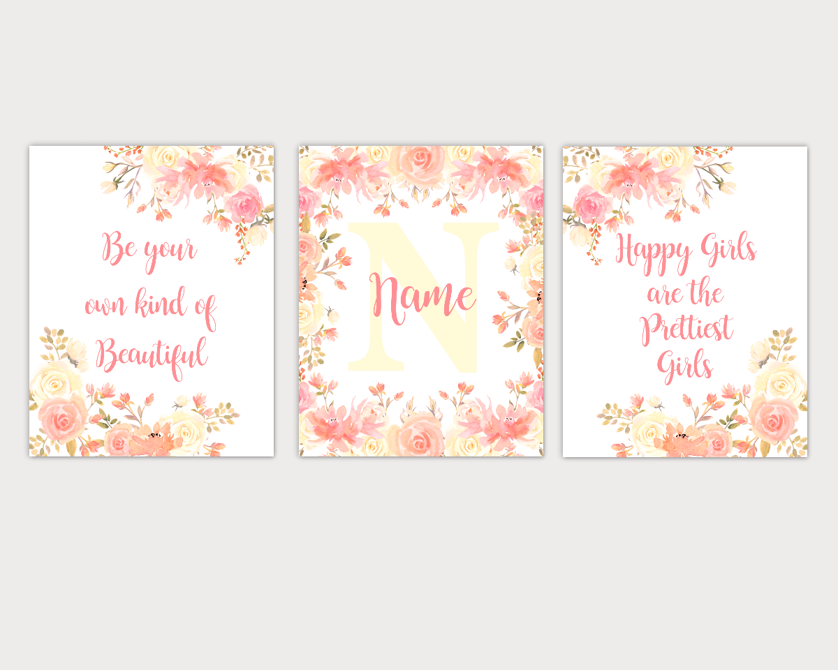 Floral Watercolor Flower Wall Art Coral Yellow Floral Girl Bedroom Art Prints Baby Nursery Decor SET OF 3 UNFRAMED PRINTS 01912