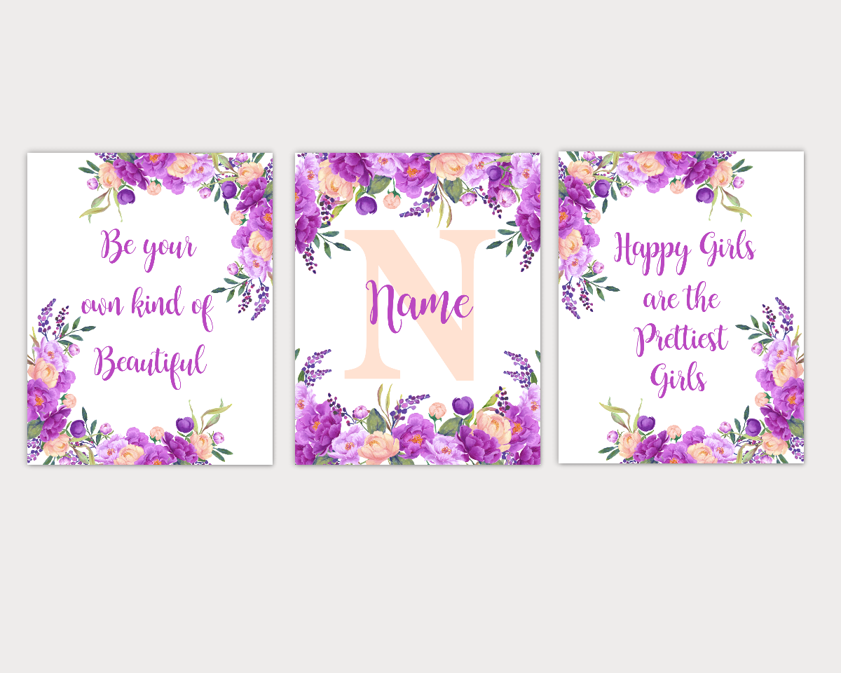 Floral Watercolor Flower Wall Art Coral Purple Floral Girl Bedroom Art Prints Baby Nursery Decor SET OF 3 UNFRAMED PRINTS 01913
