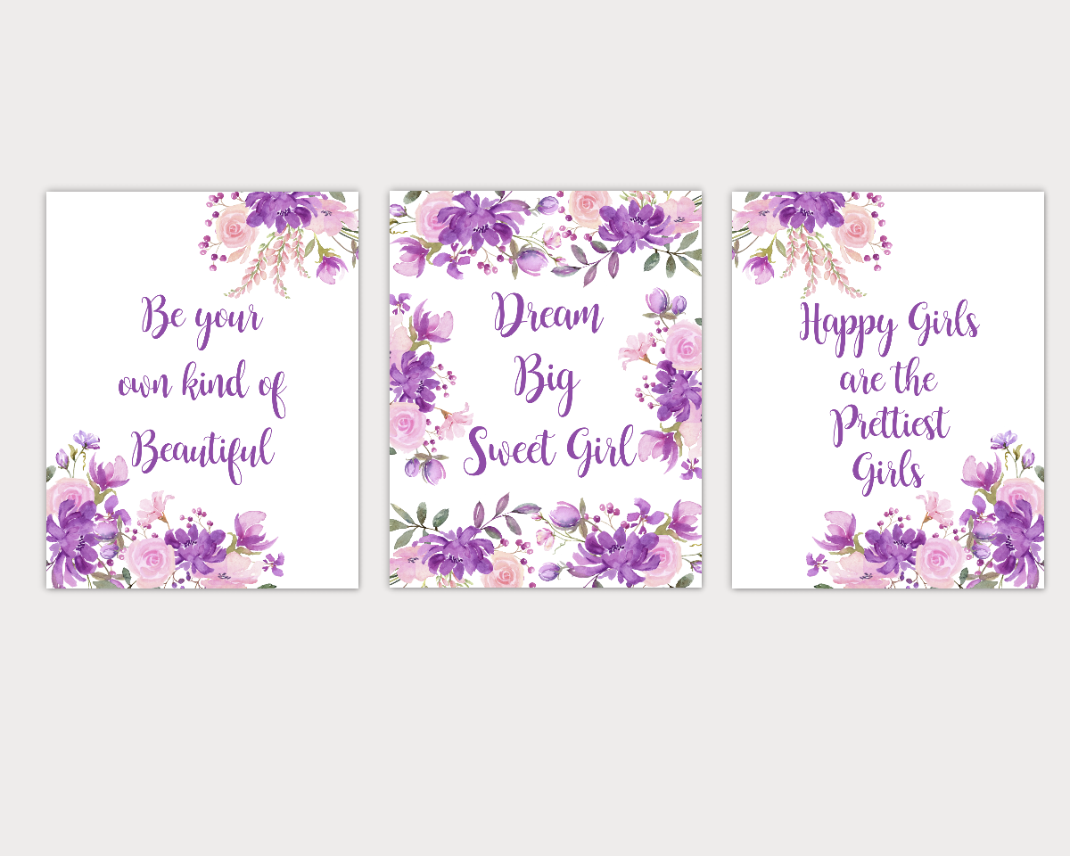 Watercolor Flower Wall Art Baby Girl Nursery Purple Pink Floral Wall Art Prints Home Decor SET OF 3 UNFRAMED PRINTS 01916