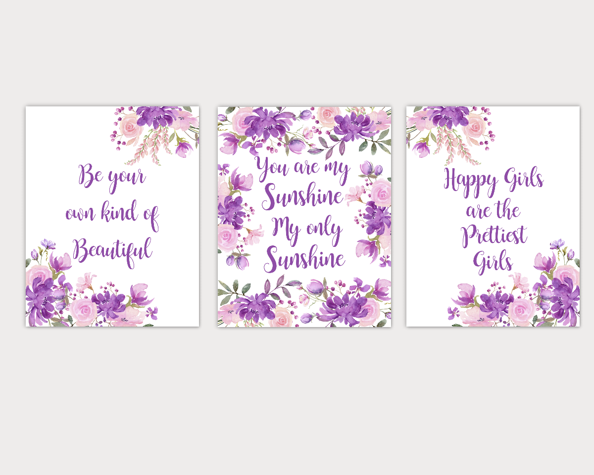 Watercolor Flower Wall Art Baby Girl Nursery Purple Pink Floral Wall Art Prints Home Decor SET OF 3 UNFRAMED PRINTS 01917