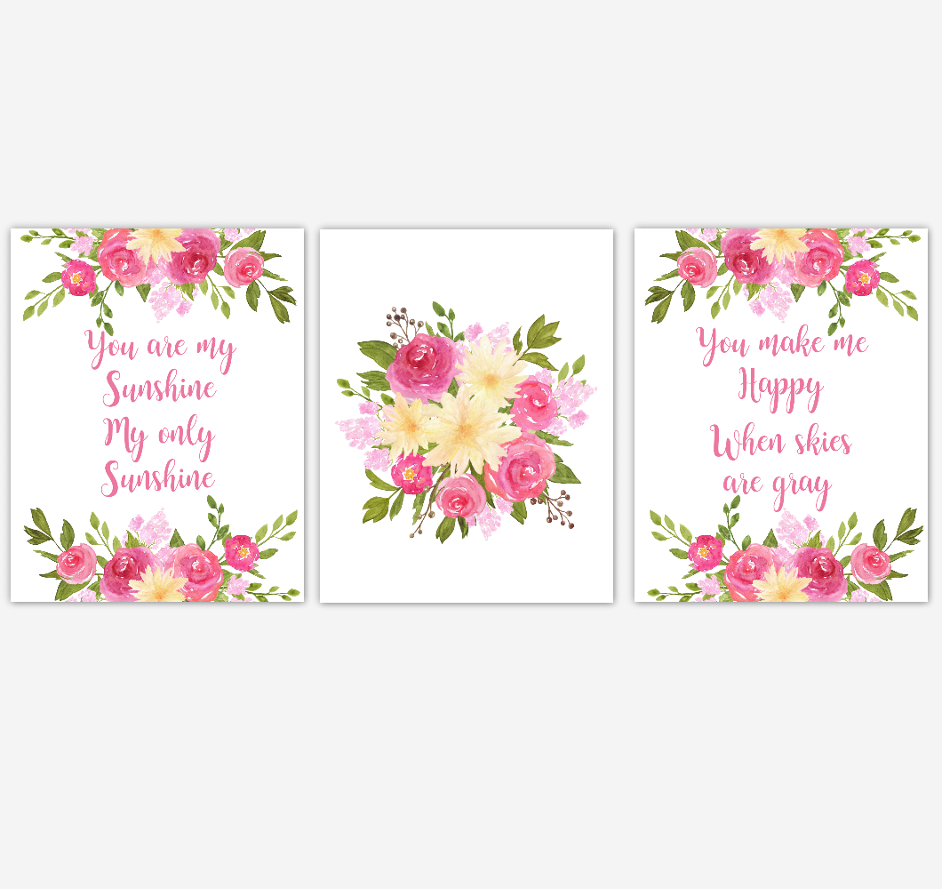 Baby Girl Nursery Wall Art Watercolor Floral Pink Yellow Flower Prints Baby Nursery Decor SET OF 3 UNFRAMED PRINTS 01918
