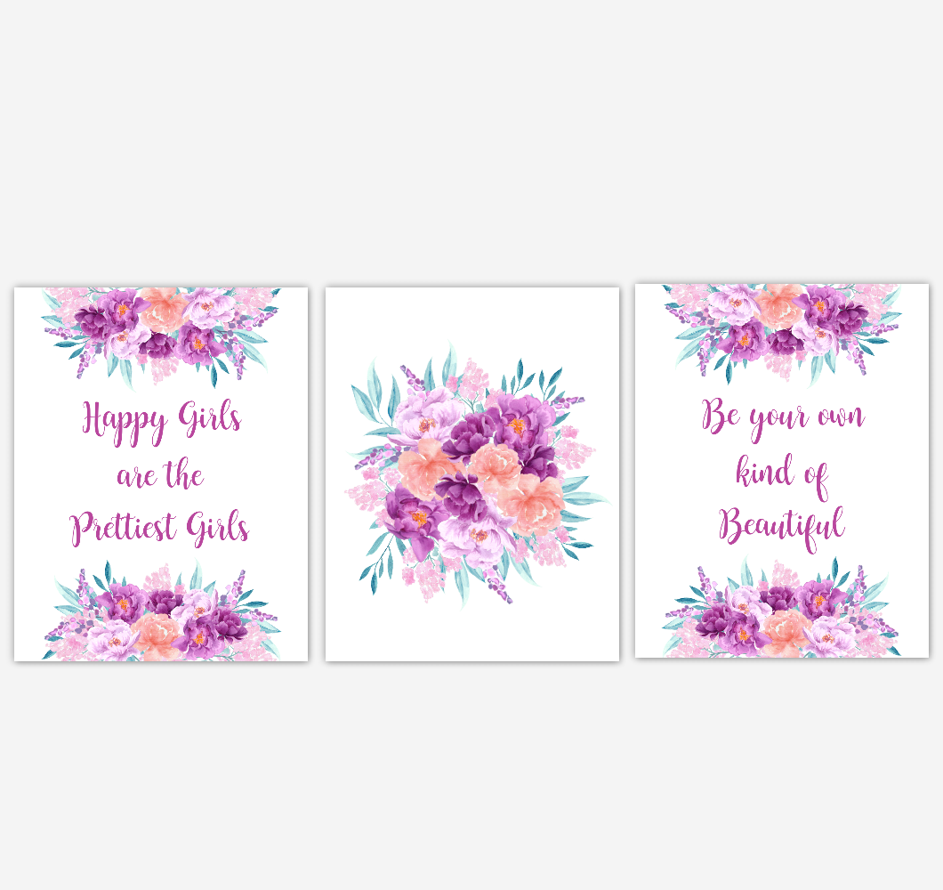Baby Girl Nursery Wall Art Watercolor Floral Purple Coral Peach Flower Prints Baby Nursery Decor SET OF 3 UNFRAMED PRINTS 01922