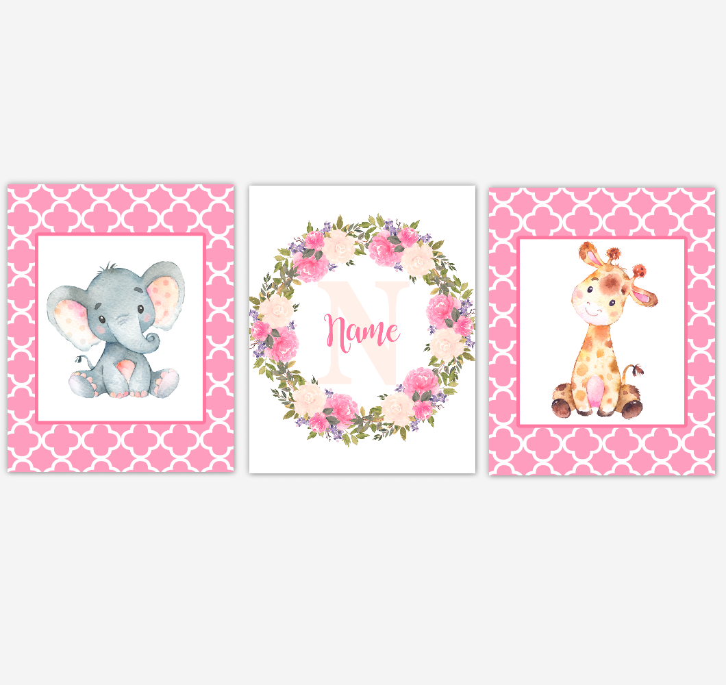 Baby Girl Nursery Wall Art Elephant Giraffe Safari Pink Floral Flowers Personalized Baby Nursery Decor SET OF 3 UNFRAMED PRINTS 01924
