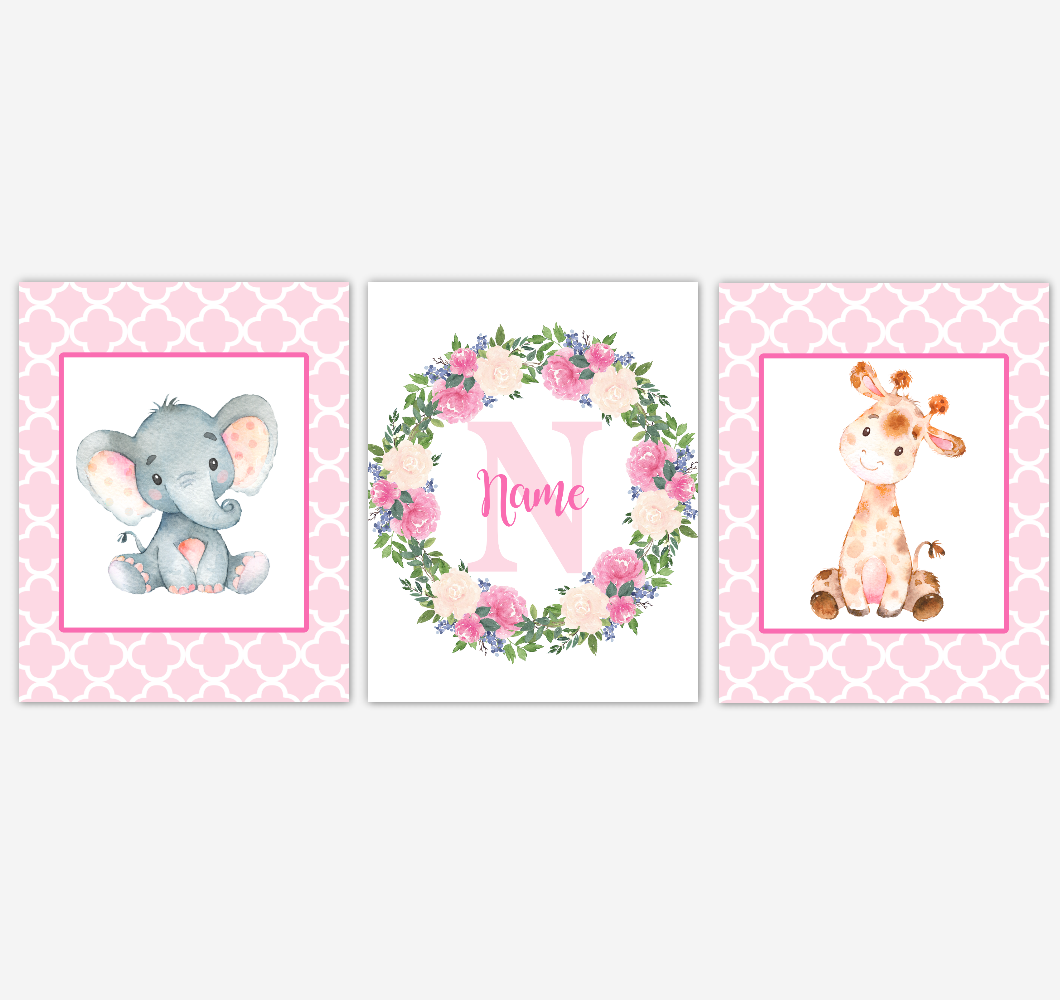 Baby Girl Nursery Wall Art Elephant Giraffe Safari Pink Floral Flowers Personalized Baby Nursery Decor SET OF 3 UNFRAMED PRINTS 01925