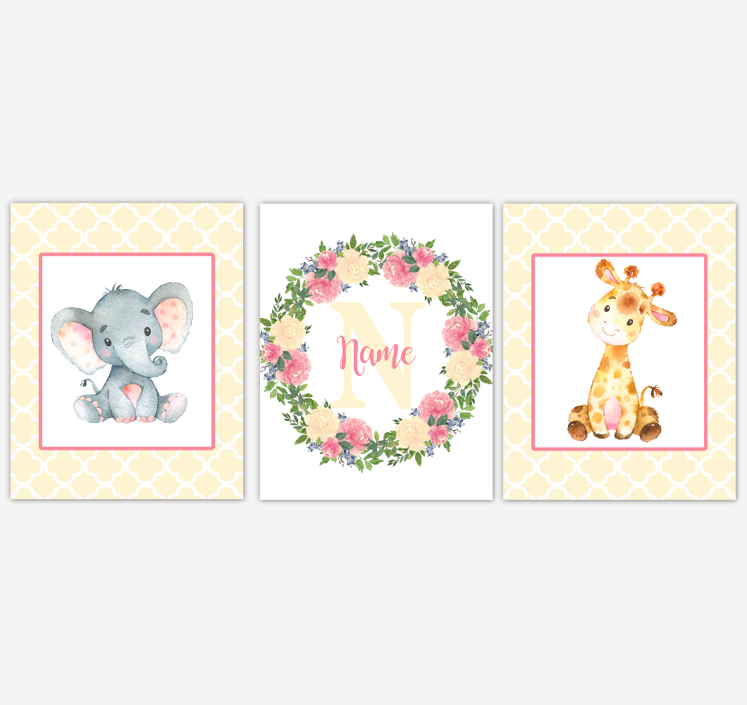 Baby Girl Nursery Wall Art Elephant Giraffe Safari Pink Yellow Floral Flowers Personalized Baby Nursery Decor SET OF 3 UNFRAMED PRINTS 01926