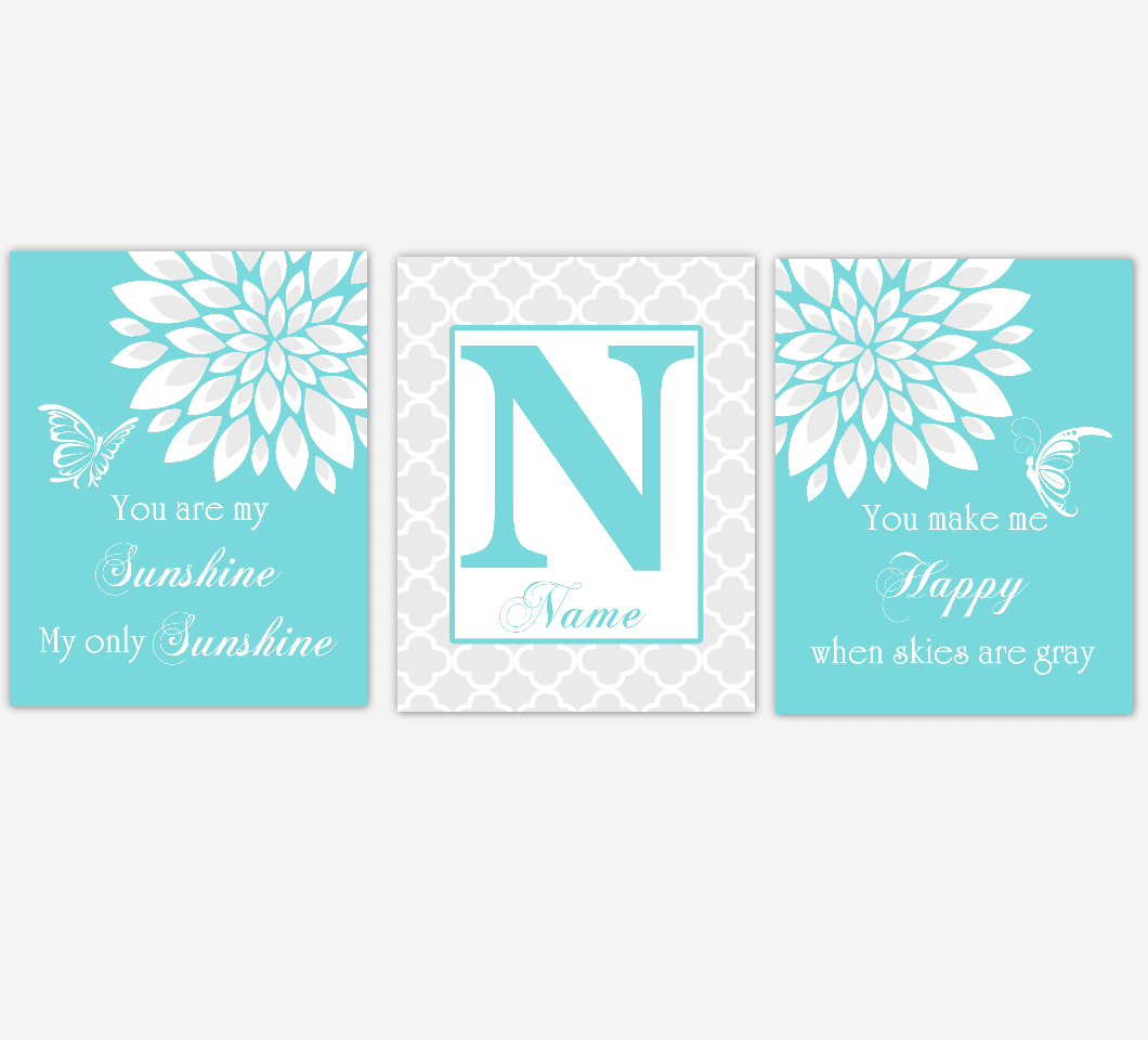 Baby Girl Nursery Wall Art Butterfly Dahlia Mum Teal Aqua Floral Flowers Personalized Baby Nursery Decor SET OF 3 UNFRAMED PRINTS 01930