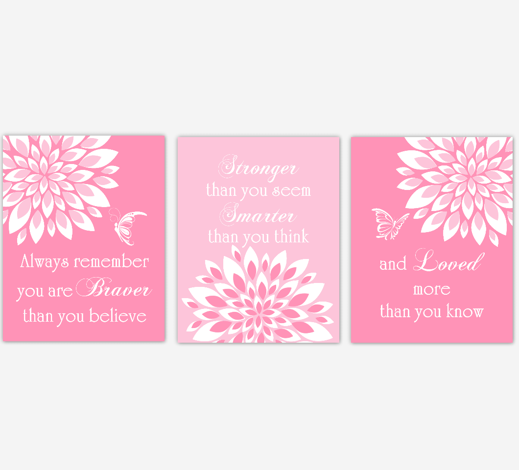 Baby Girl Nursery Wall Art Pink Dahlia Mum Flower Floral Butterfly Prints Baby Nursery Decor SET OF 3 UNFRAMED PRINTS 01938