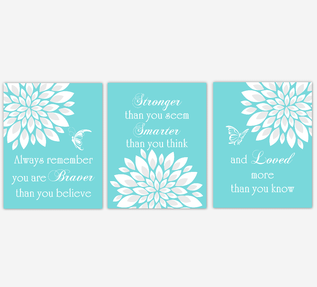 Baby Girl Nursery Wall Art Teal Aqua Dahlia Mum Flower Floral Butterfly Prints Baby Nursery Decor SET OF 3 UNFRAMED PRINTS 01939