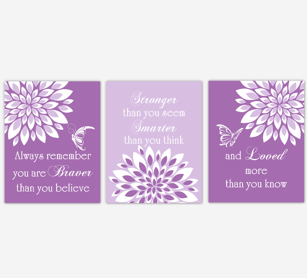 Baby Girl Nursery Wall Art Purple Dahlia Mum Flower Floral Butterfly Prints Baby Nursery Decor SET OF 3 UNFRAMED PRINTS 01940