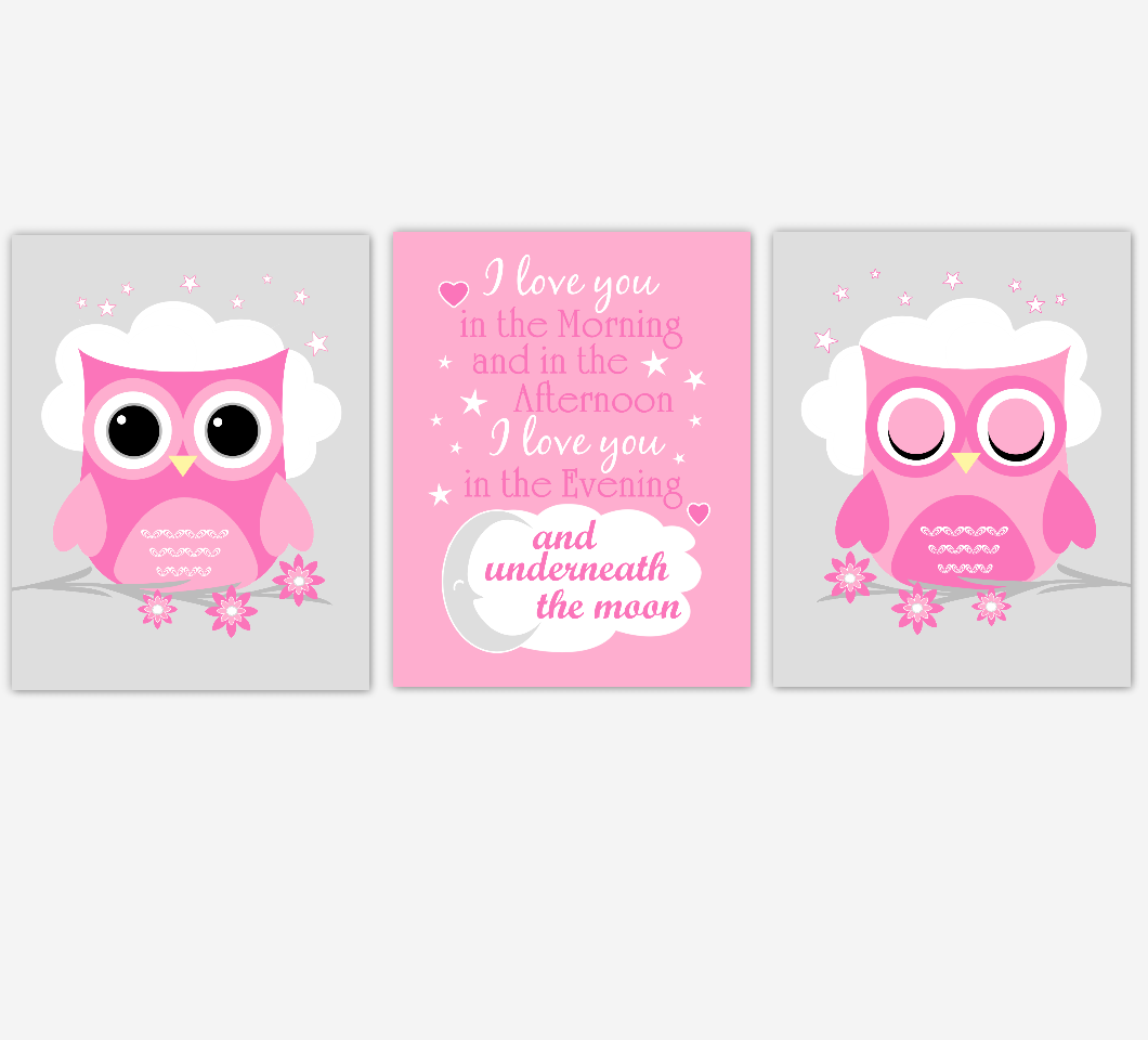 Baby Girl Nursery Wall Art Pink Owls Prints Baby Nursery Decor SET OF 3 UNFRAMED PRINTS 01941