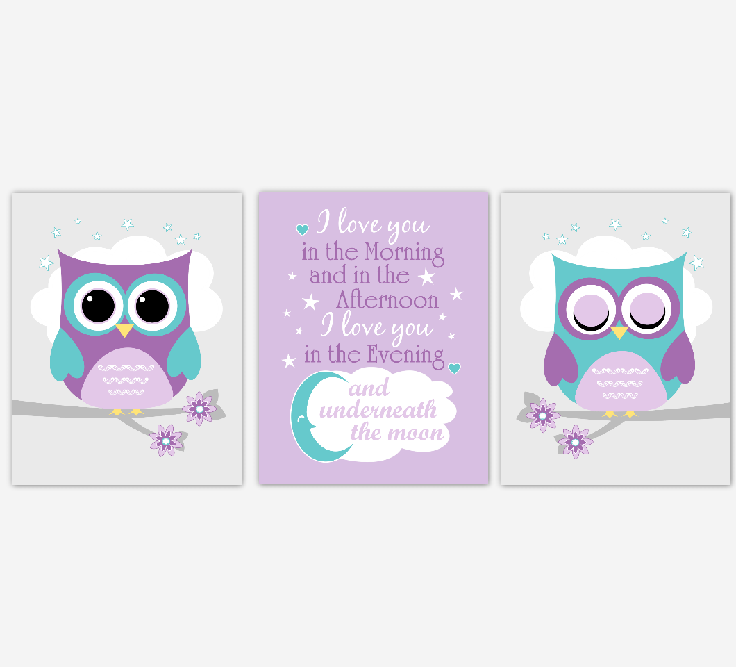 Baby Girl Nursery Wall Art Purple Teal Owls Prints Baby Nursery Decor SET OF 3 UNFRAMED PRINTS 01942