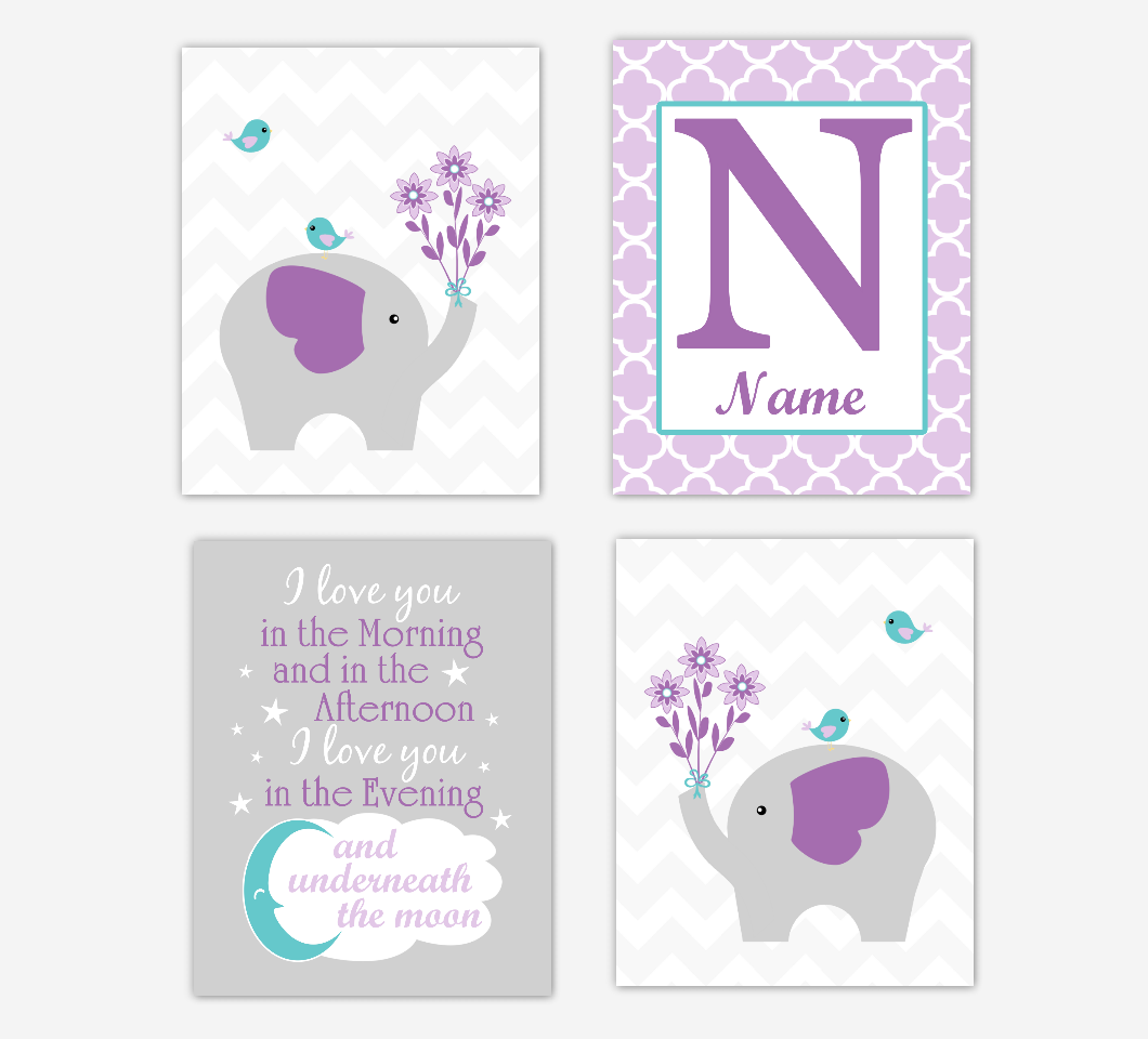 Baby Girl Nursery Wall Art Elephants Safari Animals Purple Teal Art Prints Personalized Name Children Quotes Baby Nursery Decor SET OF 4 UNFRAMED PRINTS 01947