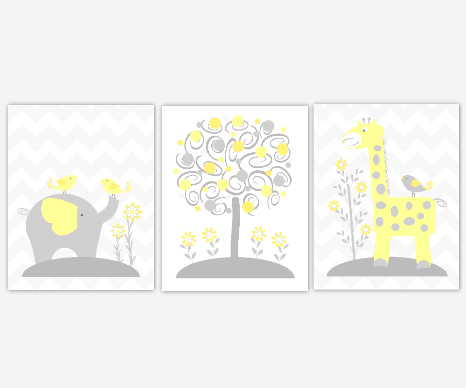 Baby Nursery Wall Art Grey Yellow Gray Elephants Giraffe Birds