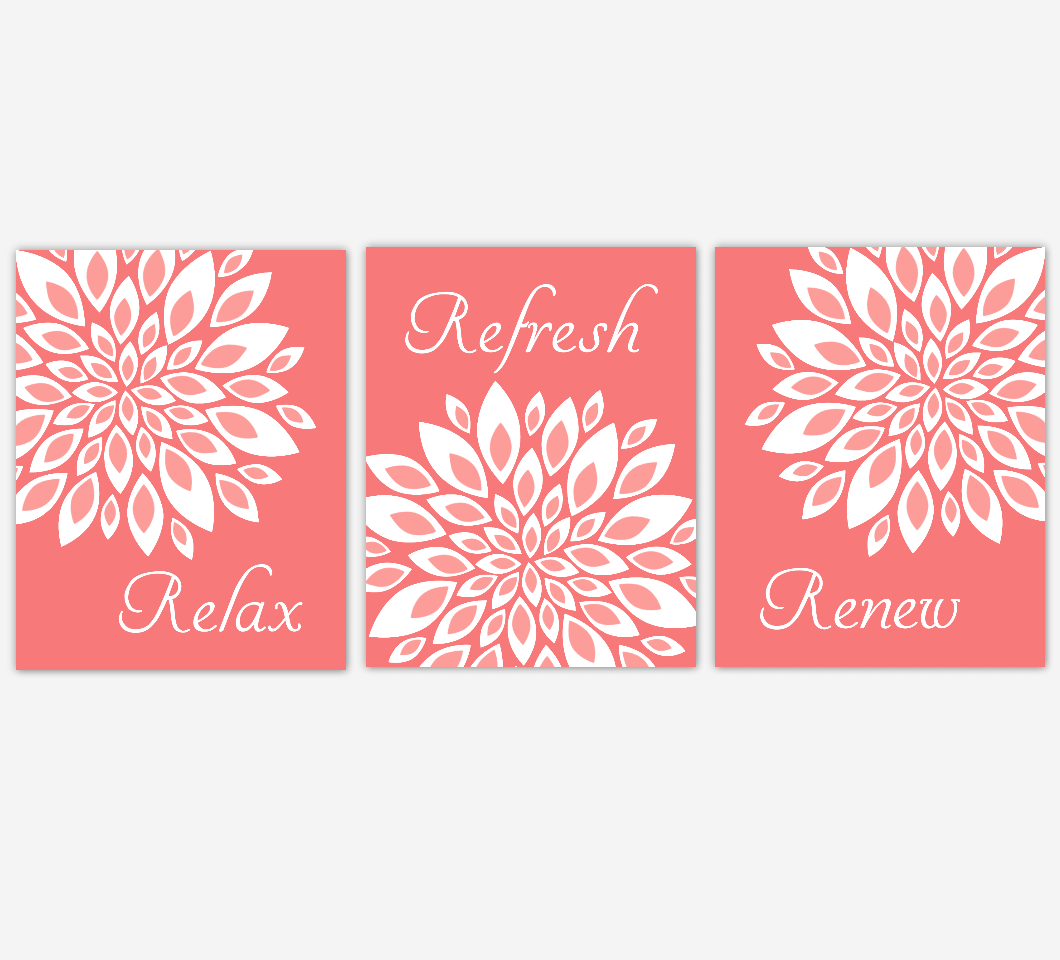 Floral Bathroom Wall Art Prints Dahlia Mum Flowers Coral White Spa Bath Adult Bathroom Decor SET OF 3 UNFRAMED PRINTS 01949