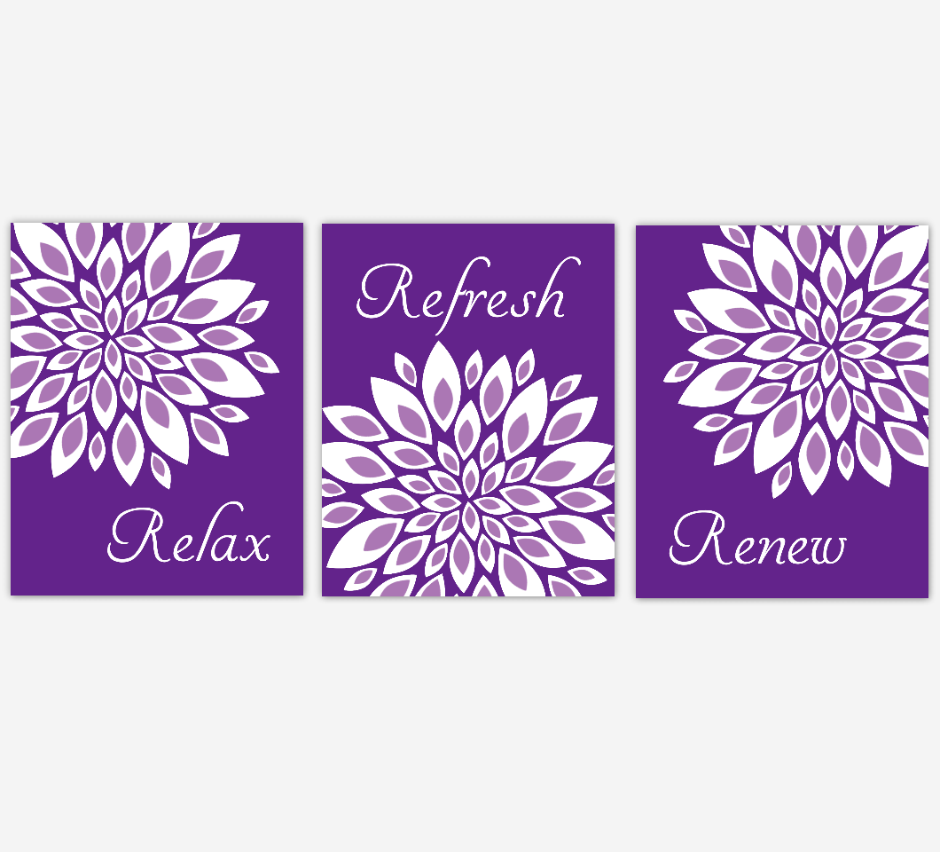 Floral Bathroom Wall Art Prints Dahlia Mum Flowers Purple Lavender White Spa Bath Adult Bathroom Decor SET OF 3 UNFRAMED PRINTS 01950