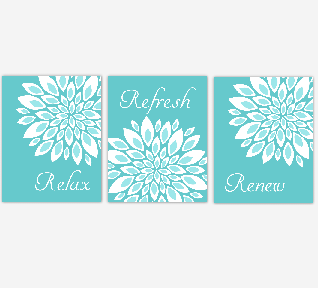 Floral Bathroom Wall Art Prints Dahlia Mum Flowers Teal Aqua White Spa Bath Adult Bathroom Decor SET OF 3 UNFRAMED PRINTS 01951