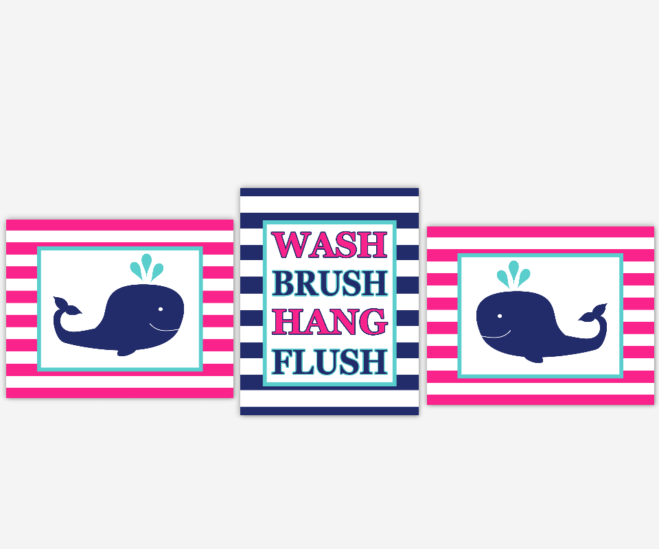 Whale Bath Art Pink Navy Teal Boy Girl Bathroom Prints Bath Rules Wash Brush Hang Flush Under The Sea Whale Bath Decor 00716