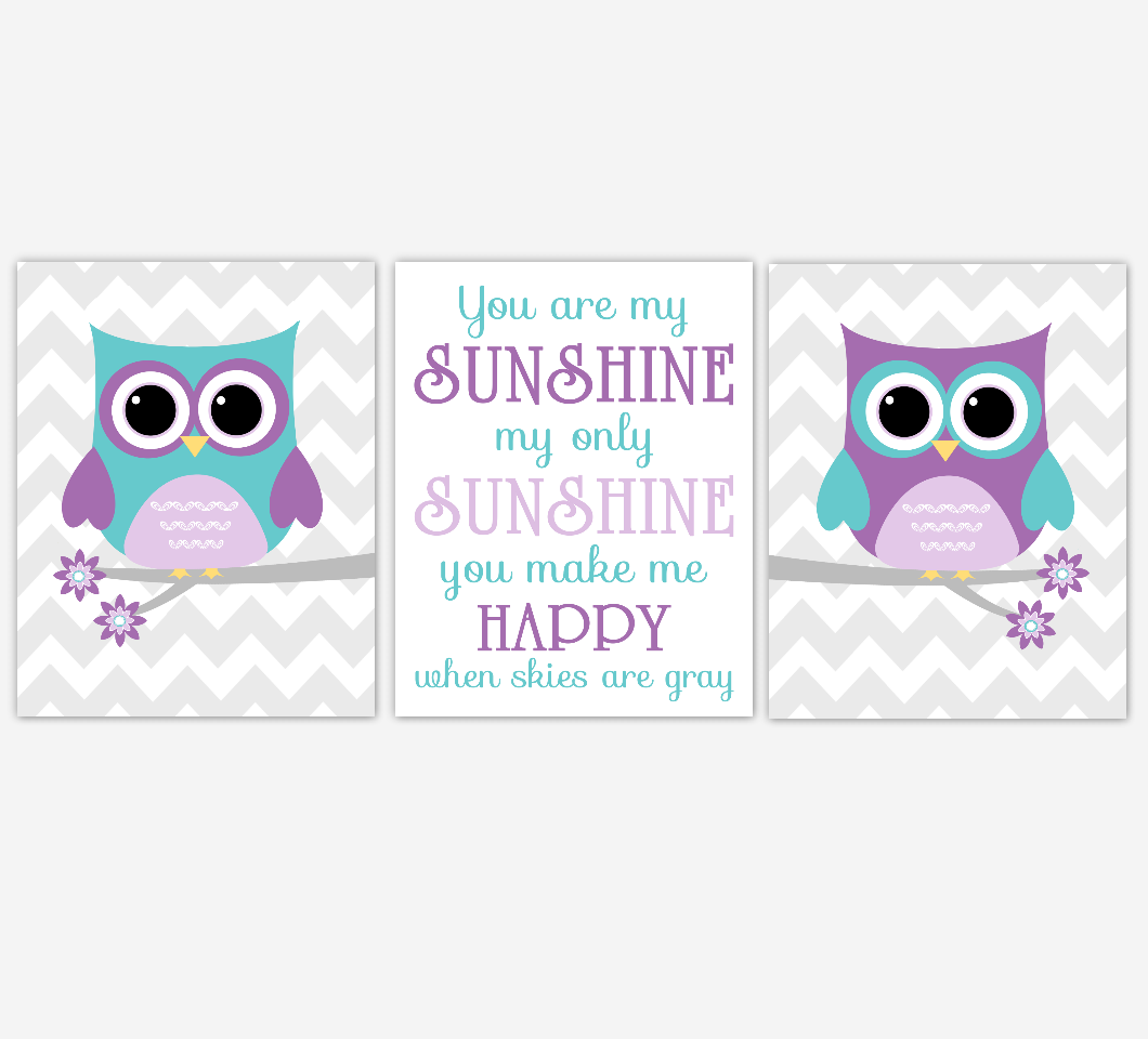 Purple Teal Owl Baby Nursery Wall Art Dahlia Mum Flower You Are My Sunshine Baby Nursery Decor SET OF 3 UNFRAMED PRINTS 01953