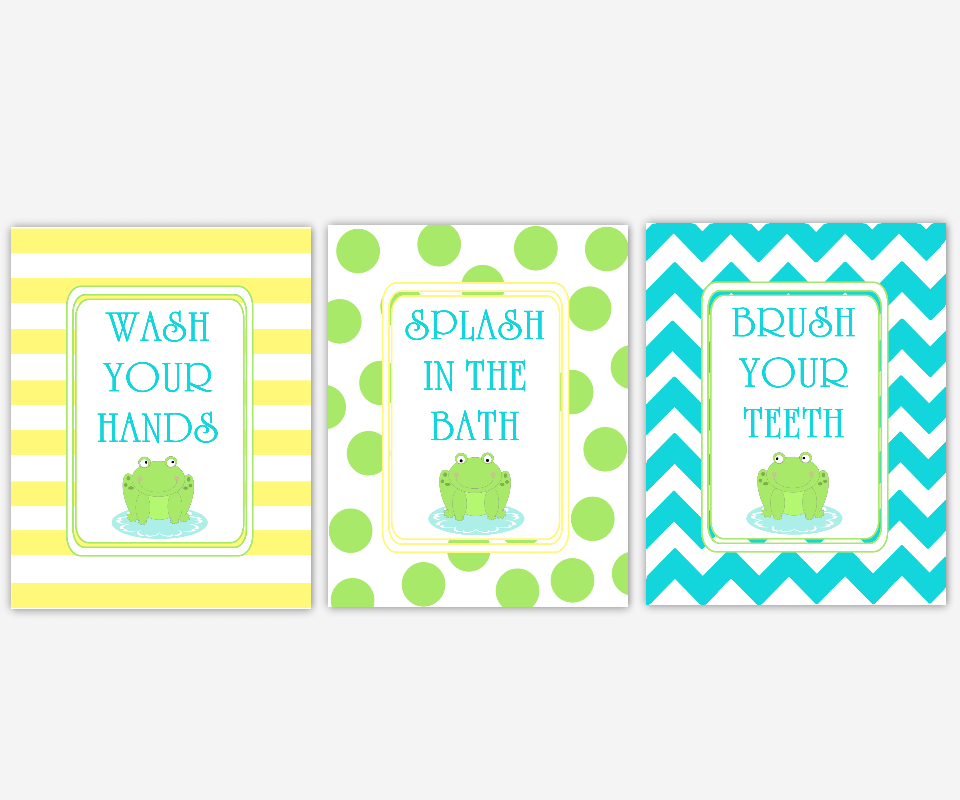 Kids Baby Bath Wall Art Frogs Wash Your Hands Brush Your Teeth Splash In The Bath Yellow Green Blue Chevron Bath Art for Kids Bathroom SET OF 3 UNFRAMED PRINTS or CANVAS 00090