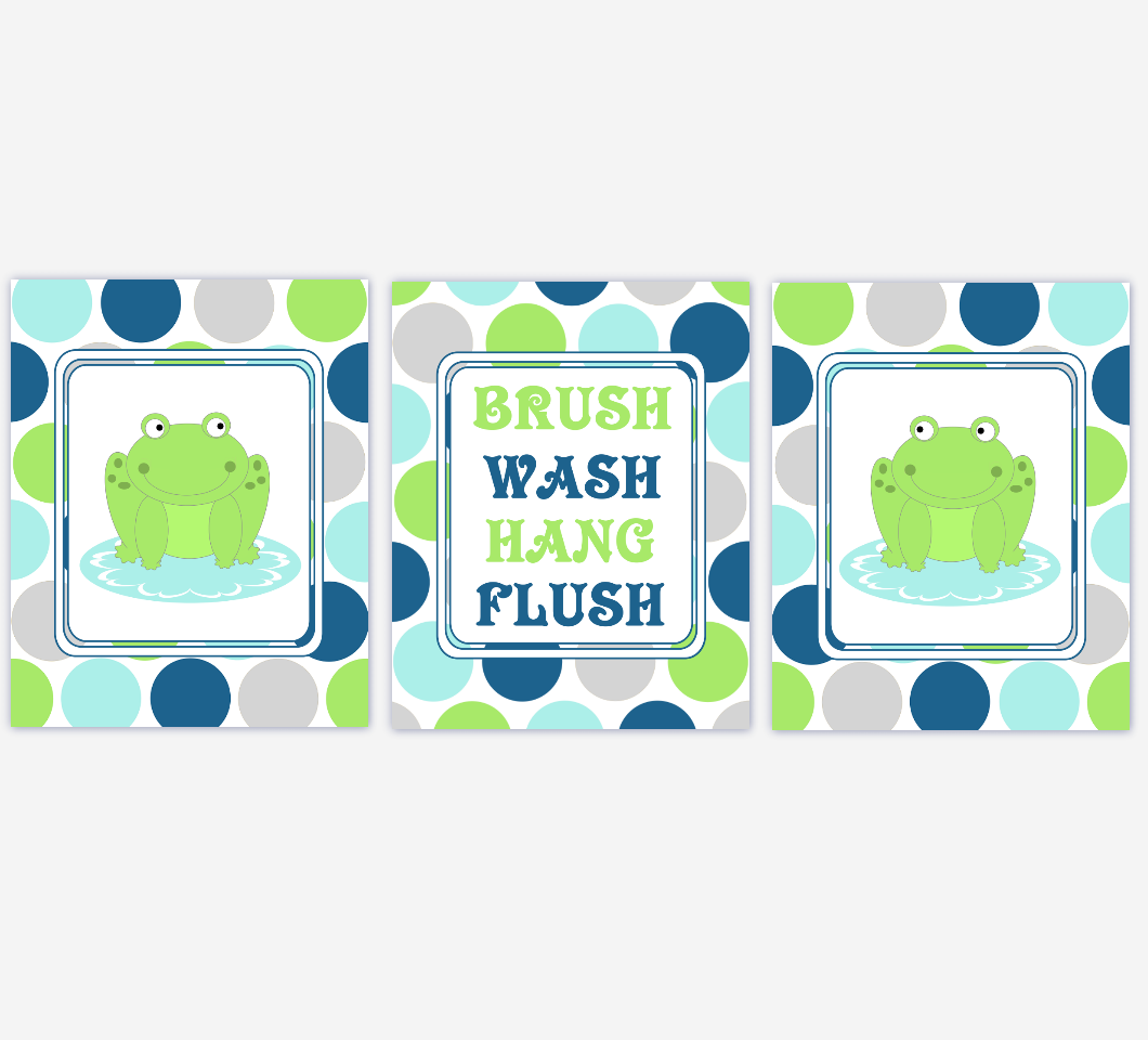 Kids Bath Wall Art Frogs Green Blue Gray Grey Brush Your Teeth Hang Your Towel Wash Your Hands Flush Bath Art For Kids Bathroom 00092