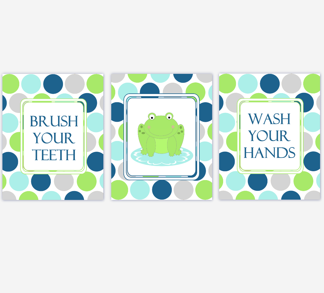 Kids Bath Wall Art Frog Frogs Green Navy Blue Gray Grey Wash Your Hands Brush Your Teeth Wall Art Prints For Children's Bathroom 00094